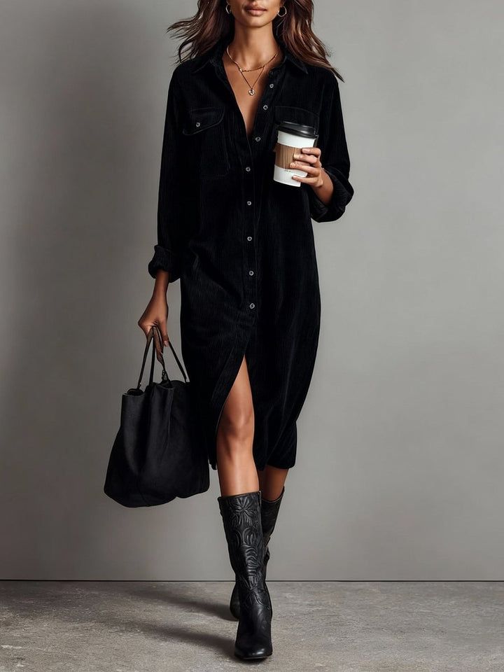 Women's Corduroy Button-Down Fall Wedding Guest Dress Midi