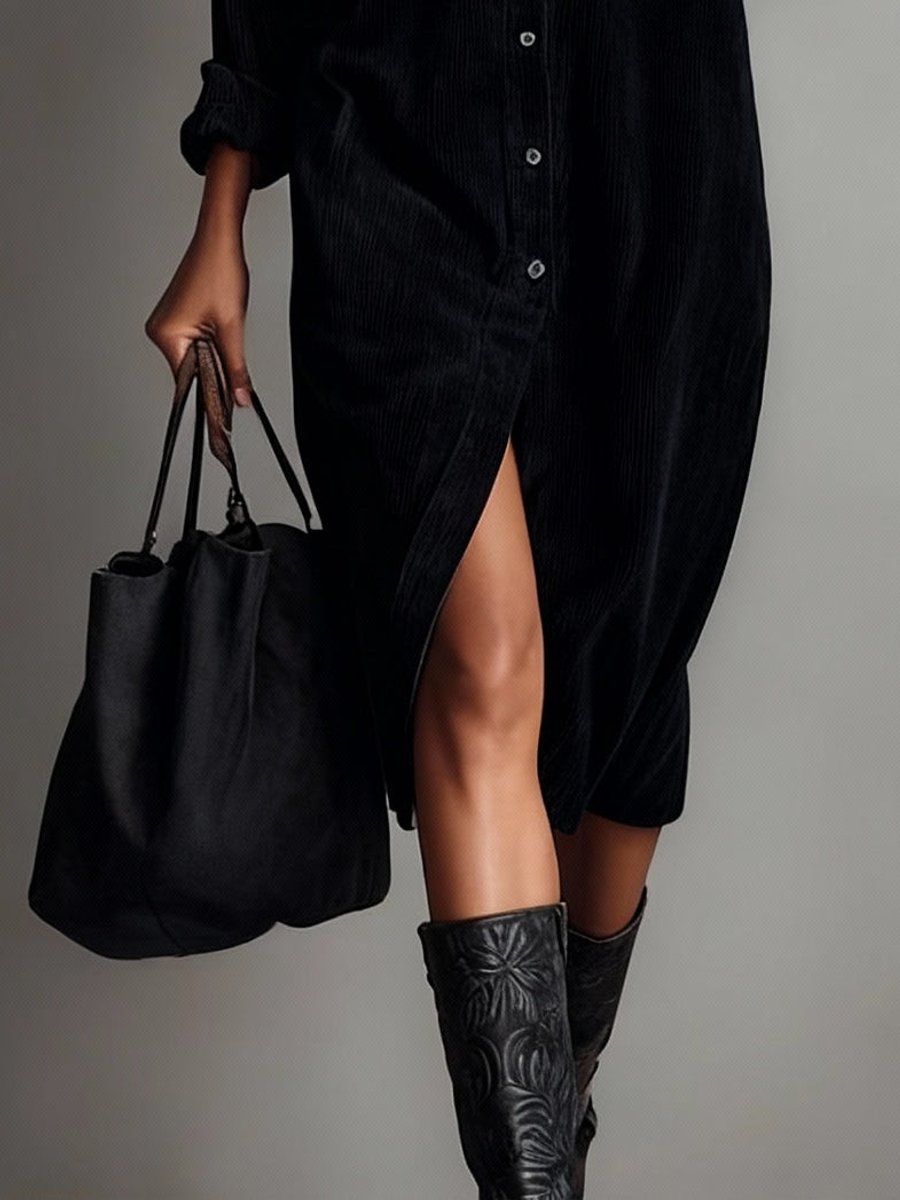 Women's Corduroy Button-Down Fall Wedding Guest Dress Midi