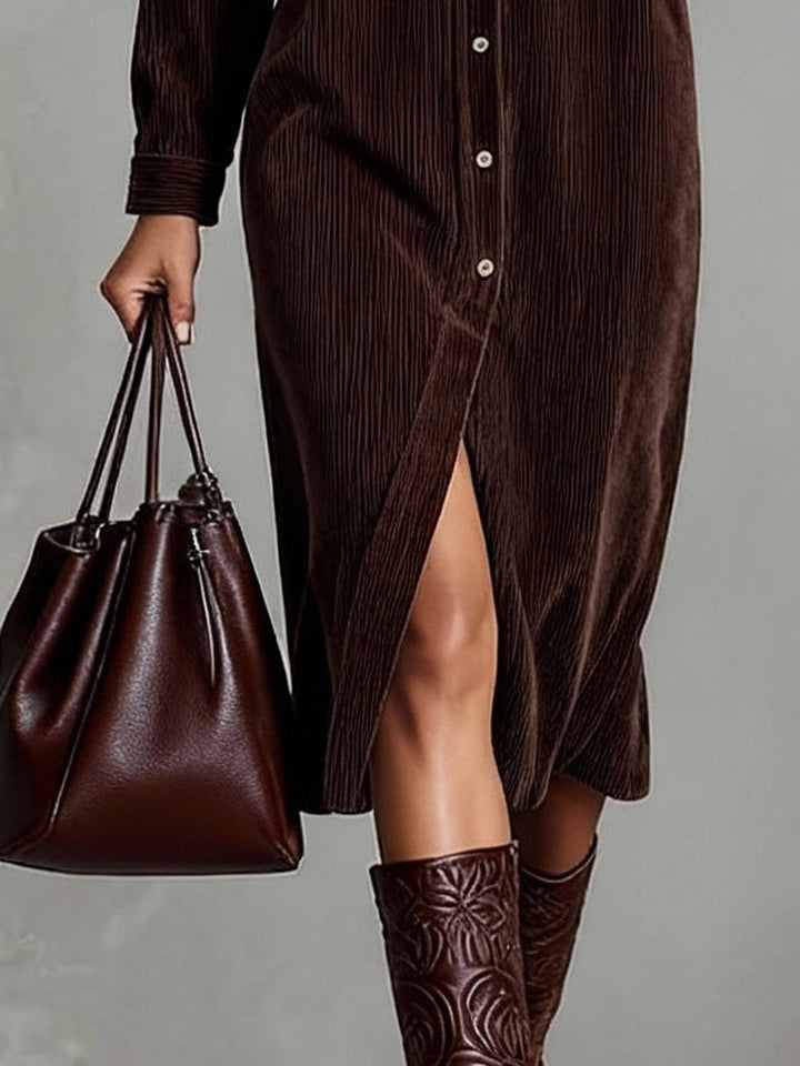 Women's Corduroy Button-Down Fall Wedding Guest Dress Midi