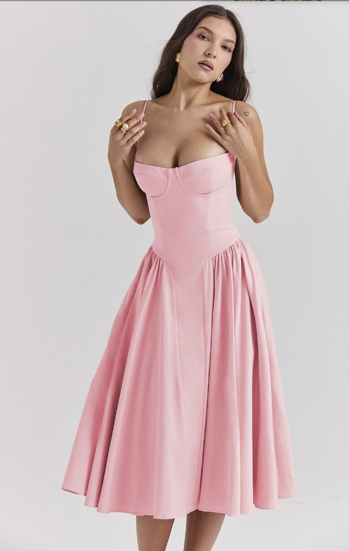 Women's Corset Bodice A-Line Fall Midi Dress Sleeveless