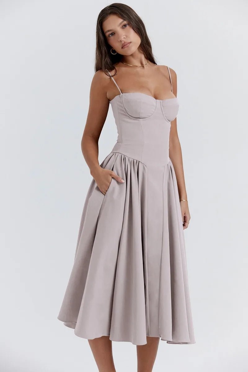 Women's Corset Bodice A-Line Fall Midi Dress Sleeveless