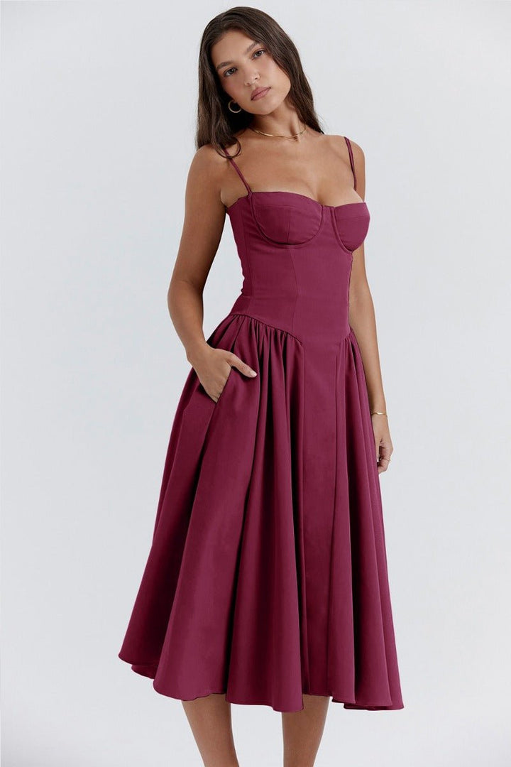 Women's Corset Bodice A-Line Fall Midi Dress Sleeveless
