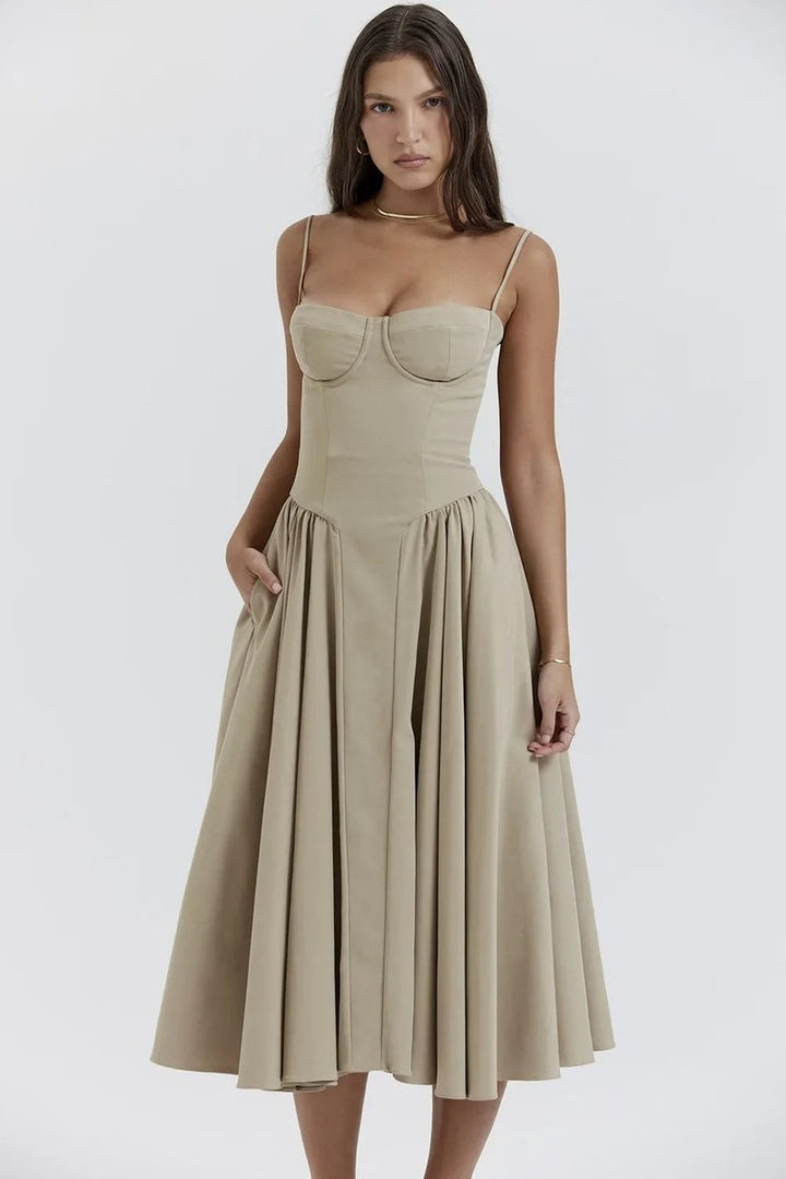 Women's Corset Bodice A-Line Fall Midi Dress Sleeveless