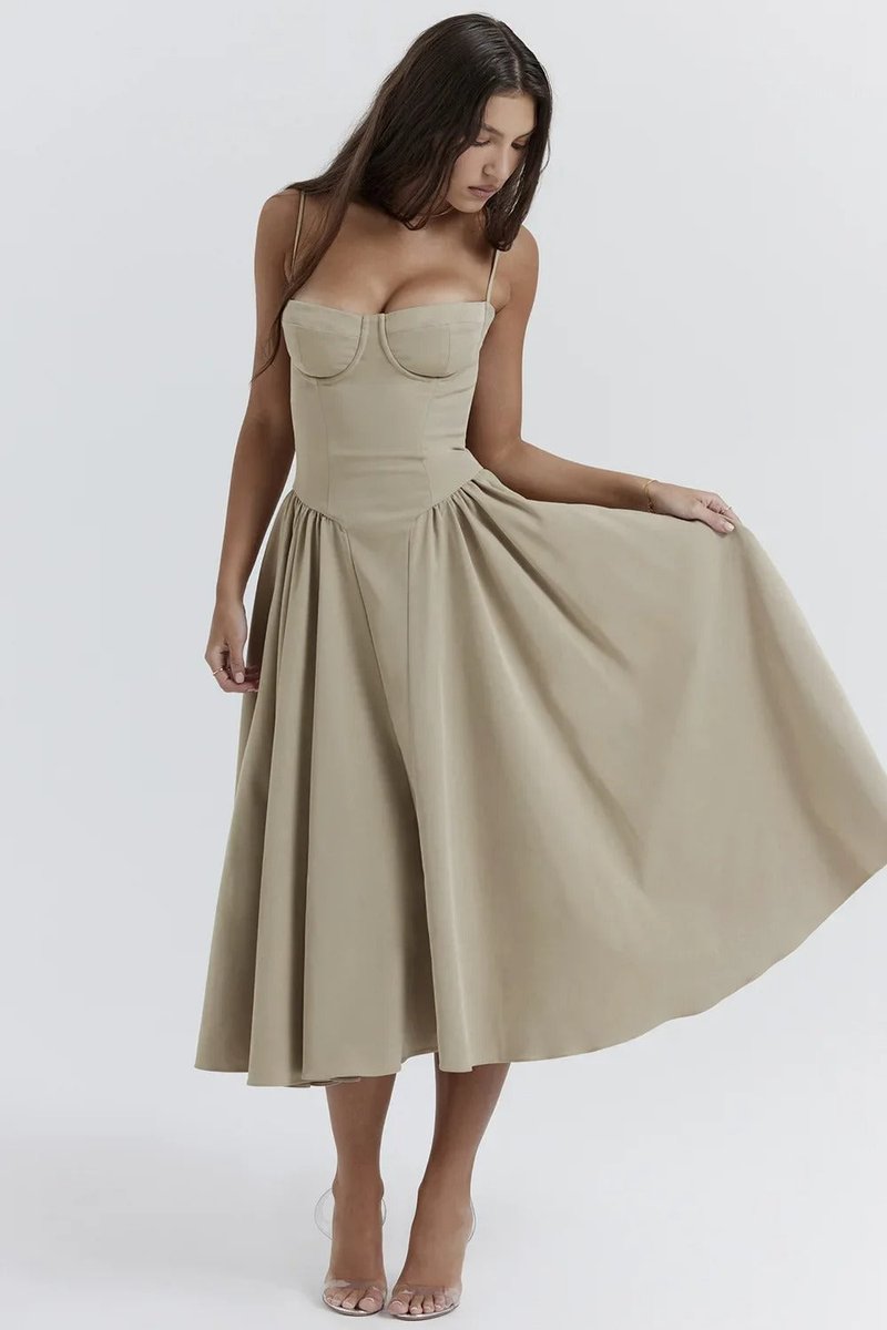 Women's Corset Bodice A-Line Fall Midi Dress Sleeveless