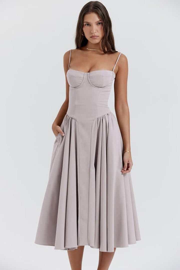 Women's Corset Bodice A-Line Fall Midi Dress Sleeveless