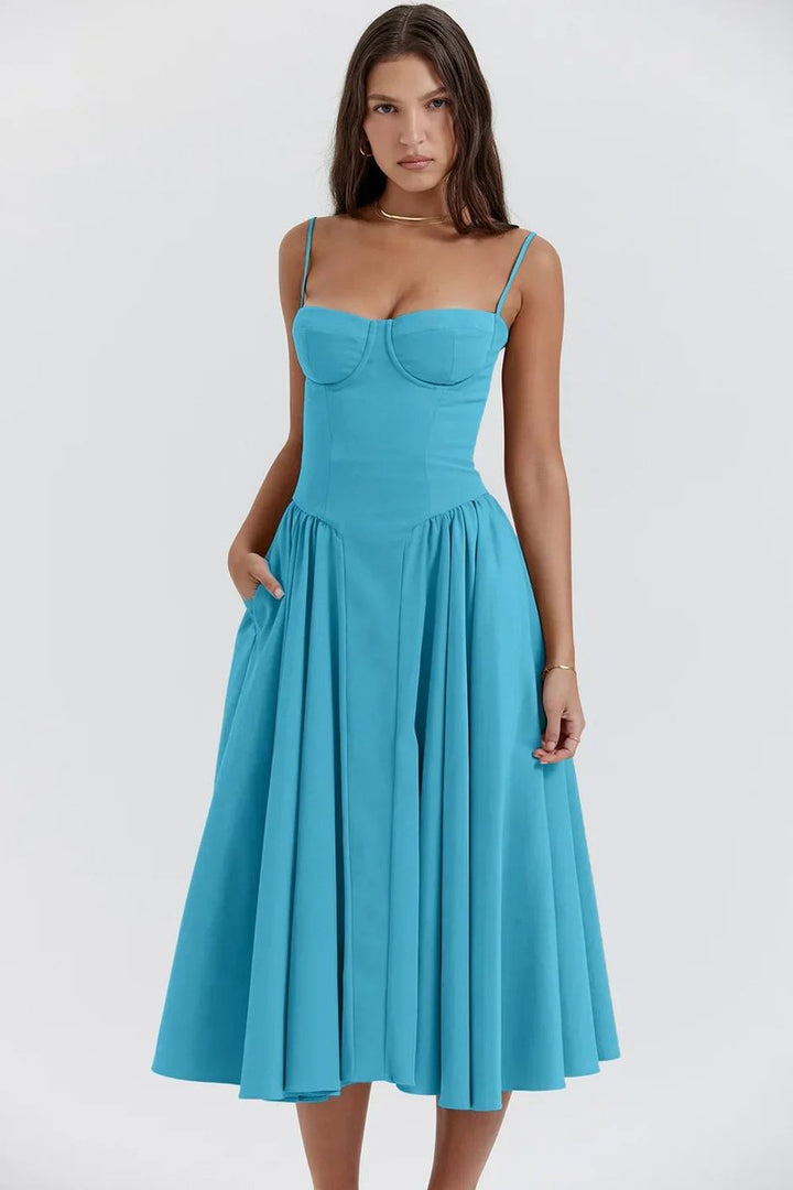 Women's Corset Bodice A-Line Fall Midi Dress Sleeveless