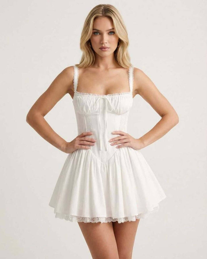 Women's Corset Bodice Lace-Trim Fall Wedding Guest Dress Mini Flared Skirt