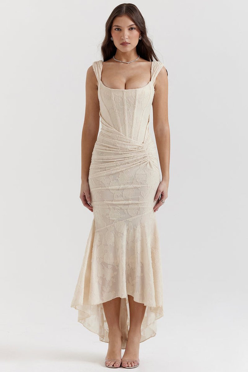 Women's Corset-Bodice Mermaid Fall Wedding Guest Dress Lace Maxi