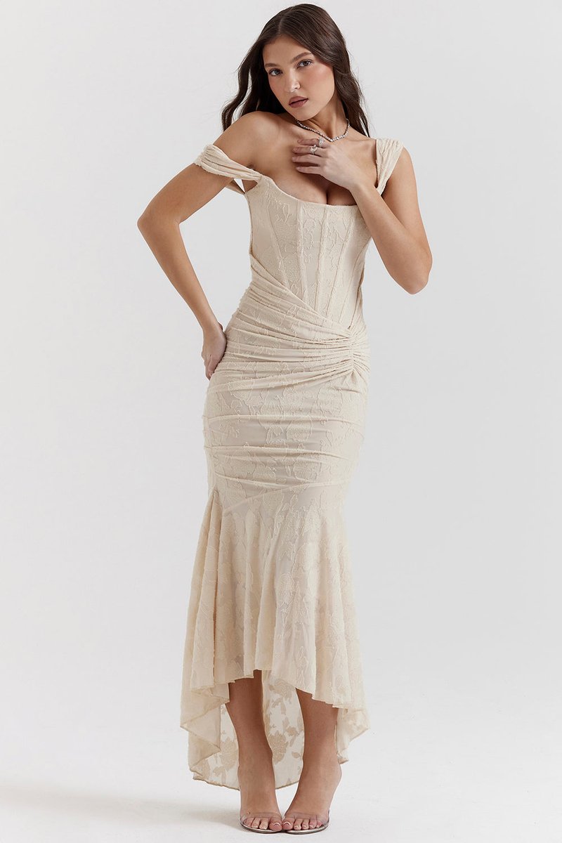 Women's Corset-Bodice Mermaid Fall Wedding Guest Dress Lace Maxi
