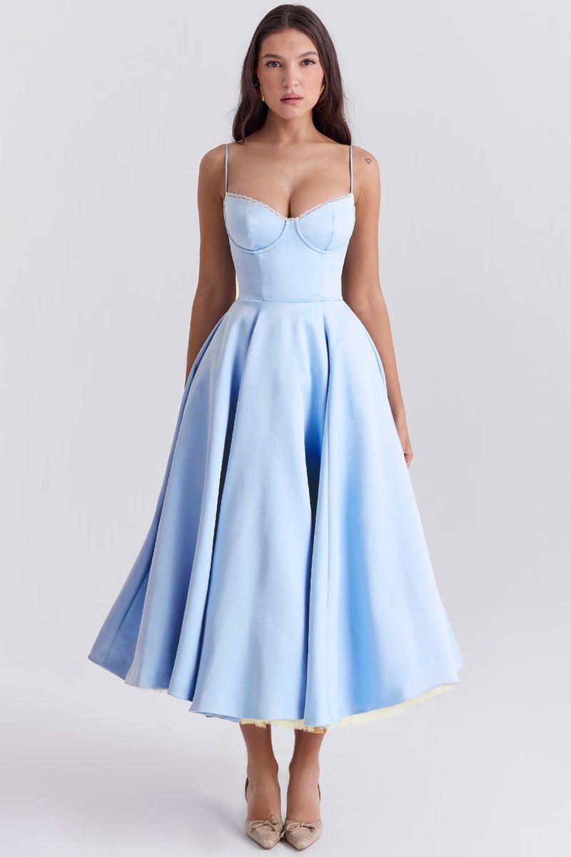Women's Corset-Bodice Satin Tulle-Hem Fall Midi Dress Pockets