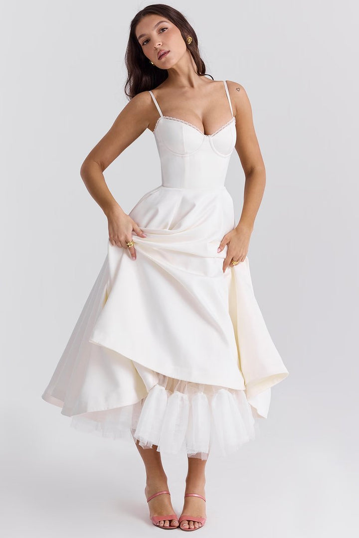 Women's Corset-Bodice Satin Tulle-Hem Fall Midi Dress Pockets