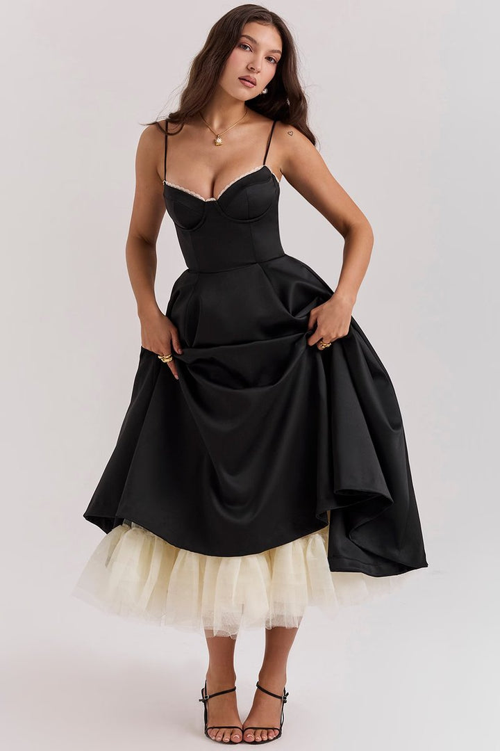 Women's Corset-Bodice Satin Tulle-Hem Fall Midi Dress Pockets