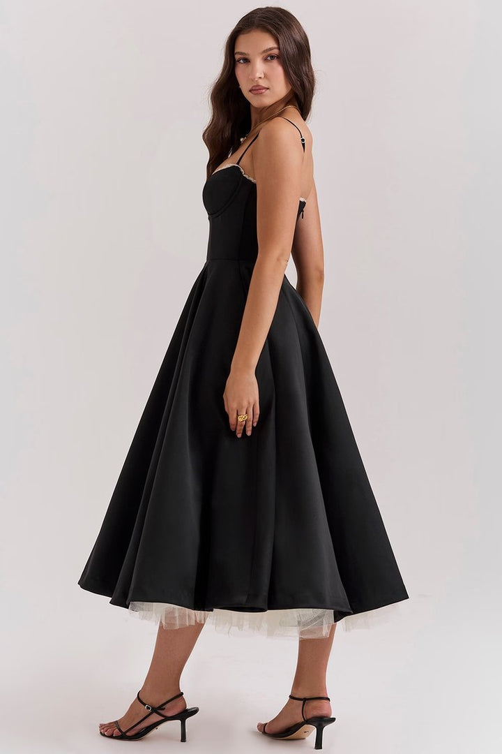 Women's Corset-Bodice Satin Tulle-Hem Fall Midi Dress Pockets