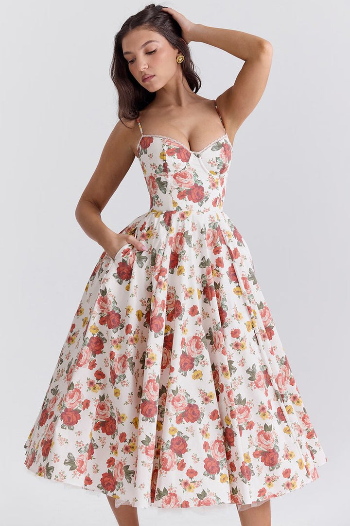 Women's Corset-Bodice Satin Tulle-Hem Fall Midi Dress Pockets