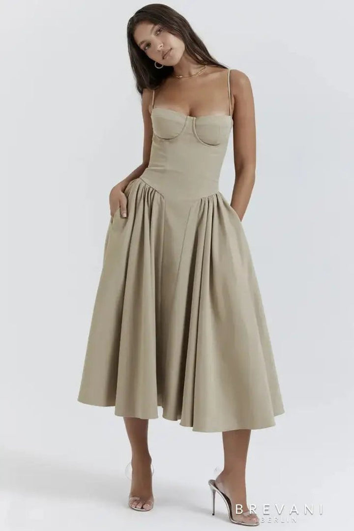 Women's Corset Bodice Sleeveless A-Line Fall Midi Dress
