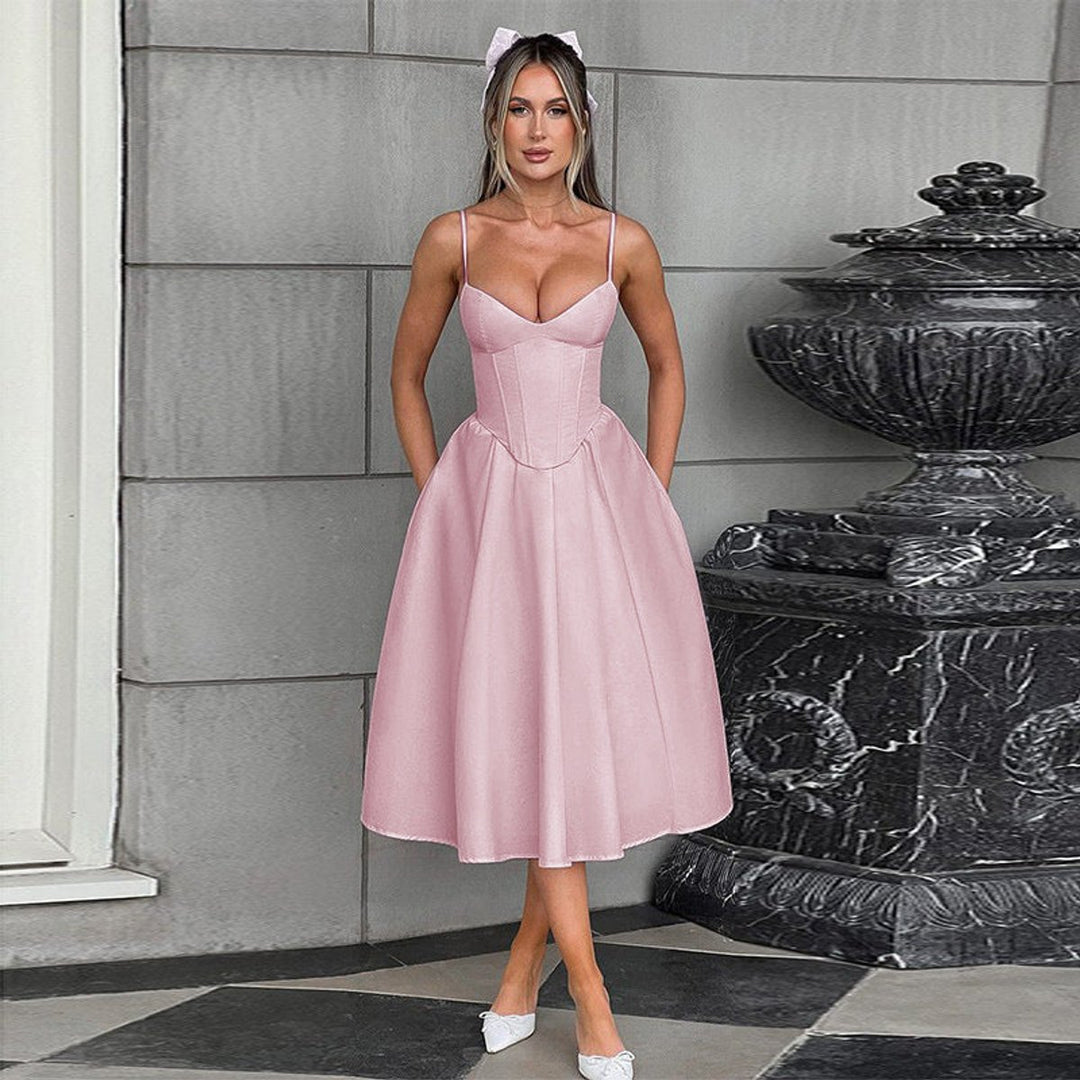Women's Corset Bodice Spaghetti Strap Fall Midi Dress Full Skirt