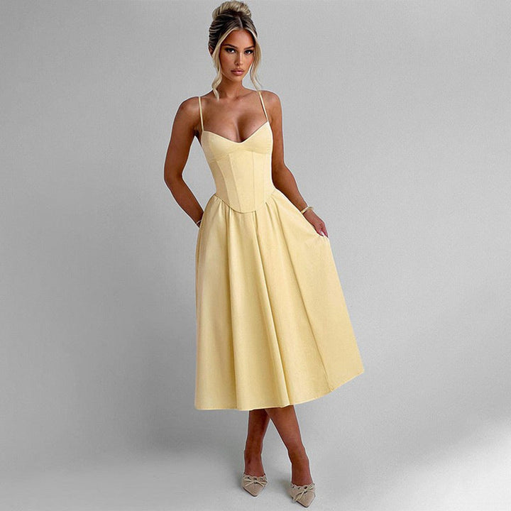 Women's Corset Bodice Spaghetti Strap Fall Midi Dress Full Skirt