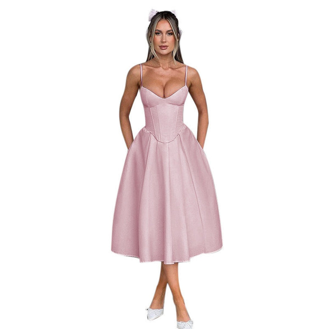 Women's Corset Bodice Spaghetti Strap Fall Midi Dress Full Skirt