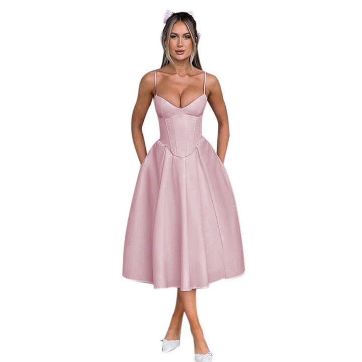 Women's Corset Bodice Spaghetti Strap Fall Midi Dress Full Skirt