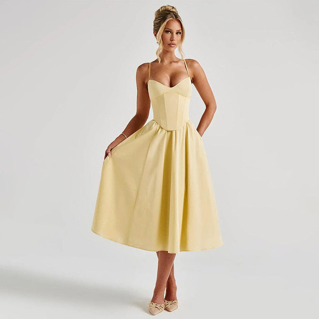 Women's Corset Bodice Spaghetti Strap Fall Midi Dress Full Skirt