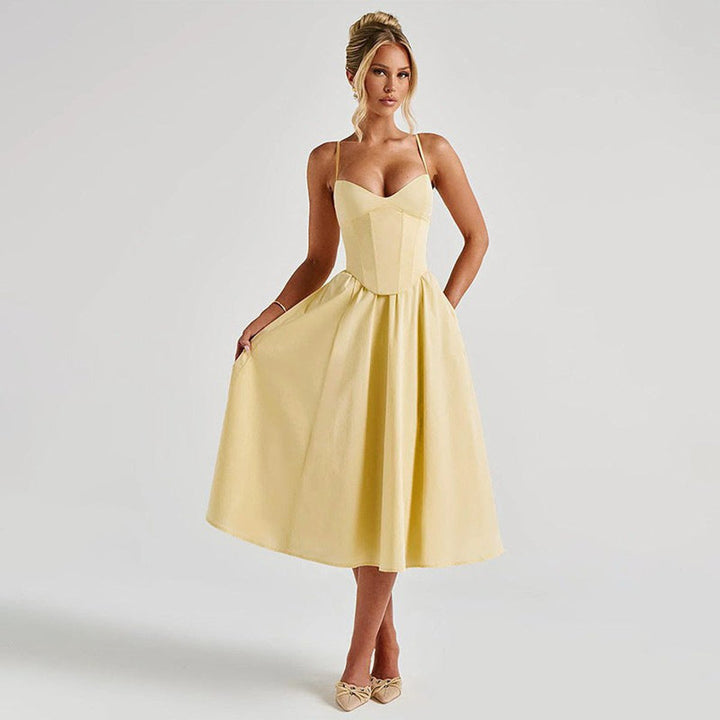 Women's Corset Bodice Spaghetti Strap Fall Midi Dress Full Skirt