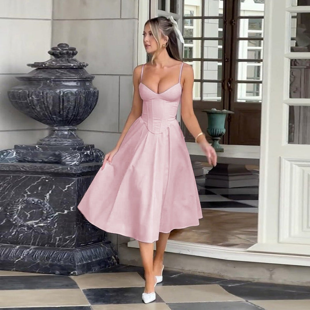 Women's Corset Bodice Spaghetti Strap Fall Midi Dress Full Skirt