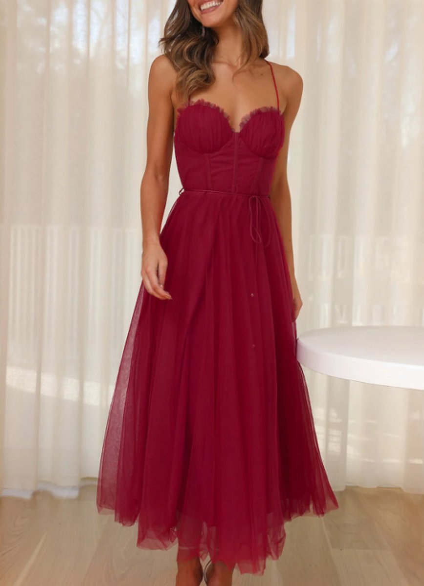 Women's Corset Bodice Tulle A-Line Fall Midi Dress