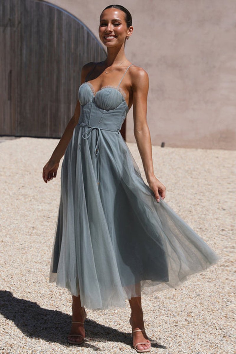 Women's Corset Bodice Tulle Fall Midi Dress Open Back