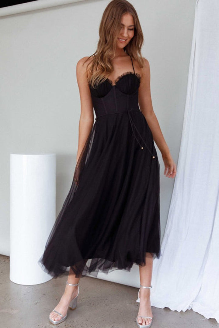 Women's Corset Bodice Tulle Fall Midi Dress Open Back