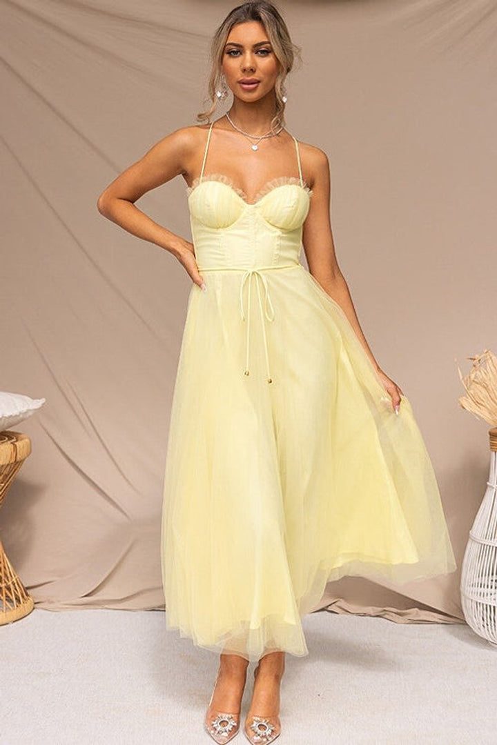 Women's Corset Bodice Tulle Fall Midi Dress Open Back