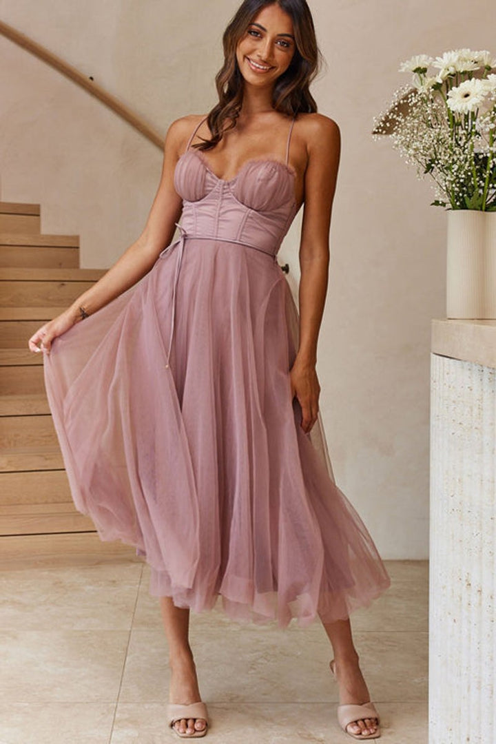 Women's Corset Bodice Tulle Fall Midi Dress Open Back