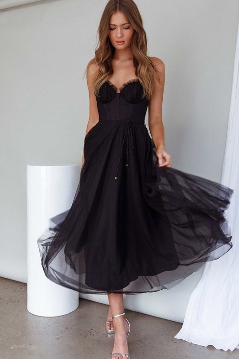 Women's Corset Bodice Tulle Fall Midi Dress Open Back