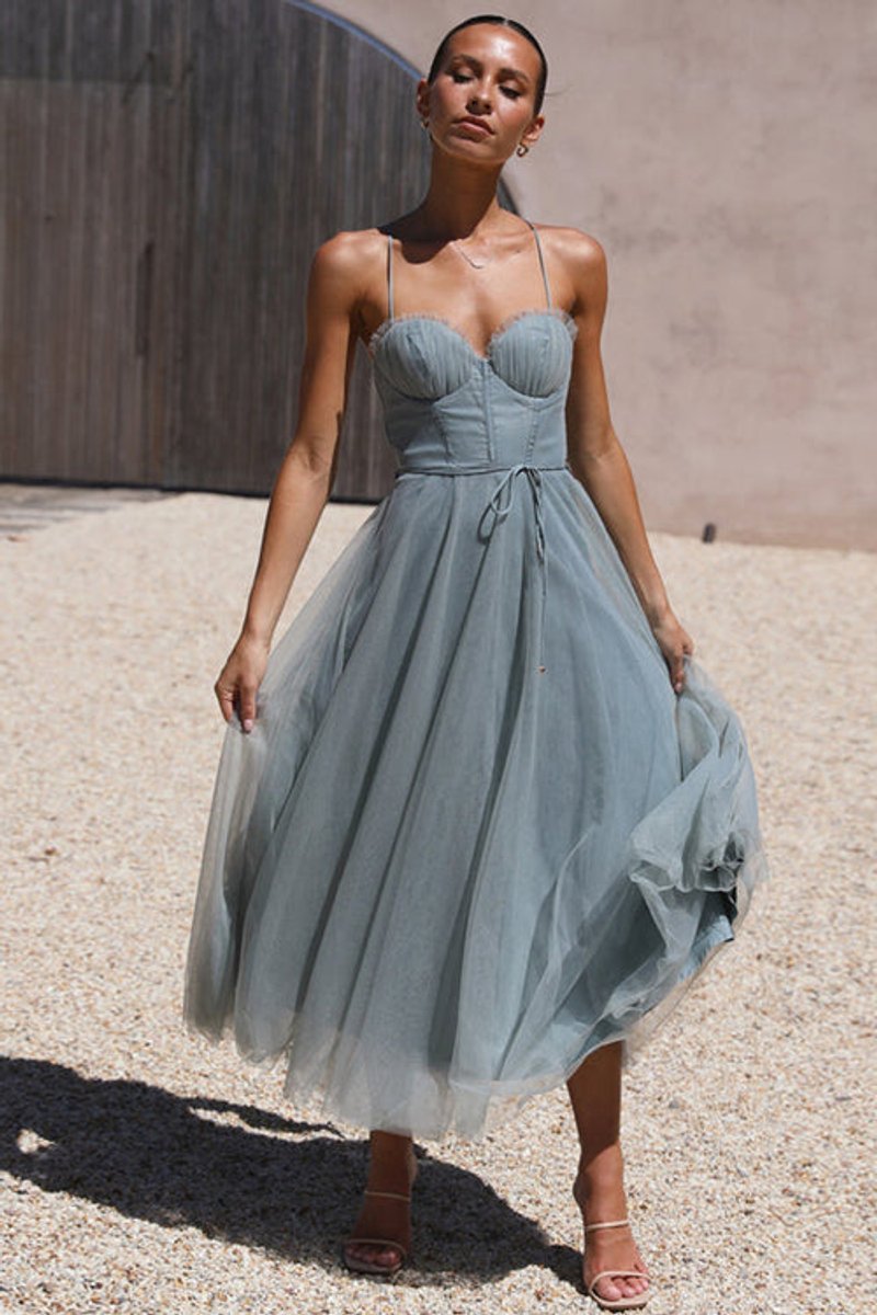 Women's Corset Bodice Tulle Fall Midi Dress Open Back