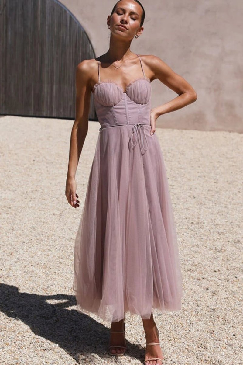 Women's Corset Bodice Tulle Fall Midi Dress Open Back