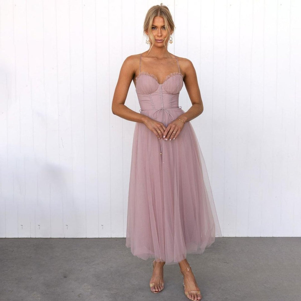 Women's Corset Bodice Tulle Fall Midi Dress Spaghetti Strap