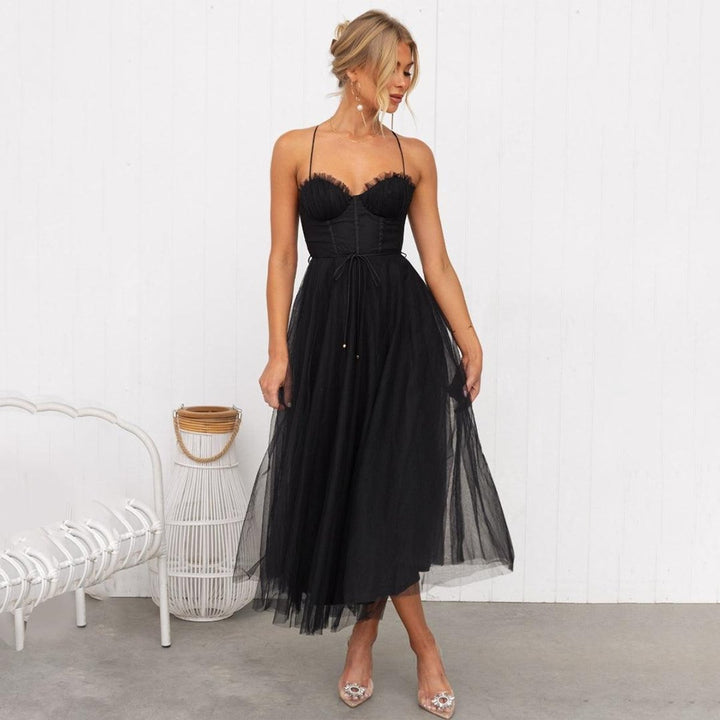 Women's Corset Bodice Tulle Fall Midi Dress Spaghetti Strap