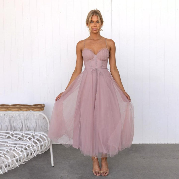 Women's Corset Bodice Tulle Fall Midi Dress Spaghetti Strap