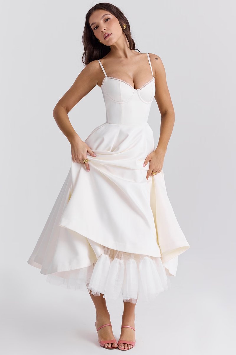 Women's Corset Bustier A-Line Fall Midi Dress Tulle Hem