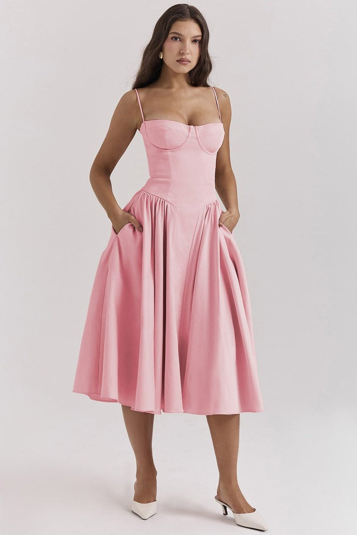 Women's Corset Bustier Fall Wedding Guest Dress Midi A-Line