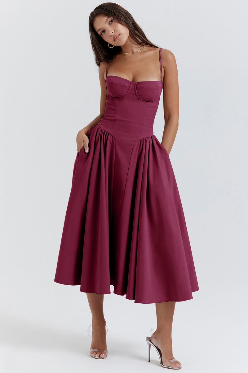 Women's Corset Bustier Fall Wedding Guest Dress Midi A-Line