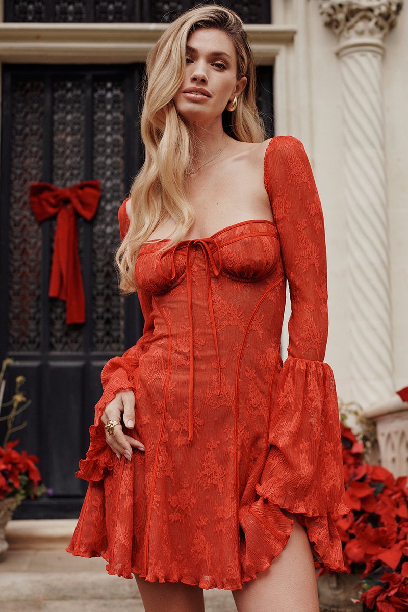 Women's Corset Lace Bell-Sleeve Fall Wedding Guest Dress