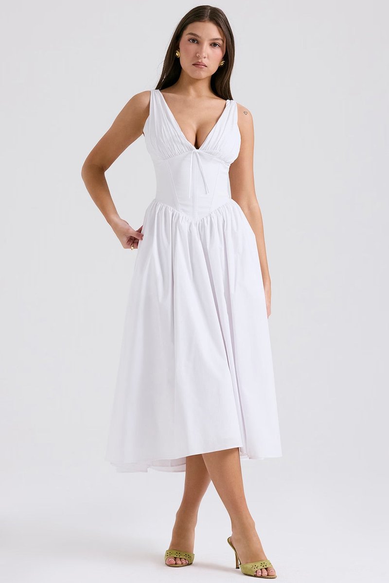 Women's Corset Midi Fall Wedding Guest Dress V-Neck Fit-and-Flare