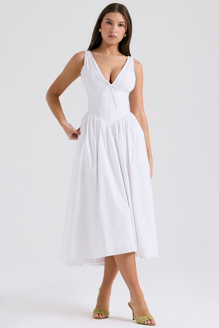 Women's Corset Midi Fall Wedding Guest Dress V-Neck Fit-and-Flare