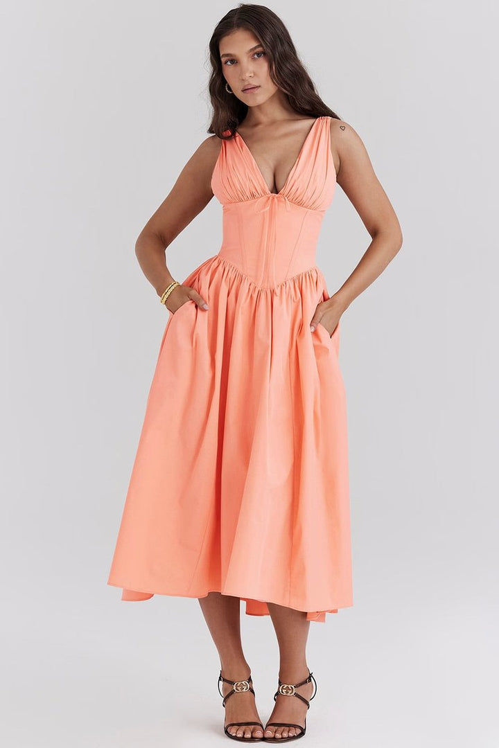 Women's Corset Midi Fall Wedding Guest Dress V-Neck Fit-and-Flare