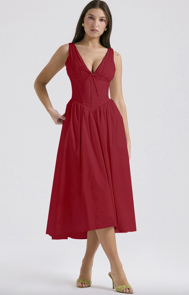 Women's Corset Midi Fall Wedding Guest Dress V-Neck Fit-and-Flare