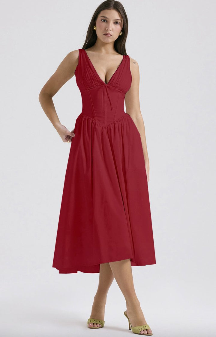 Women's Corset Midi Fall Wedding Guest Dress V-Neck Fit-and-Flare