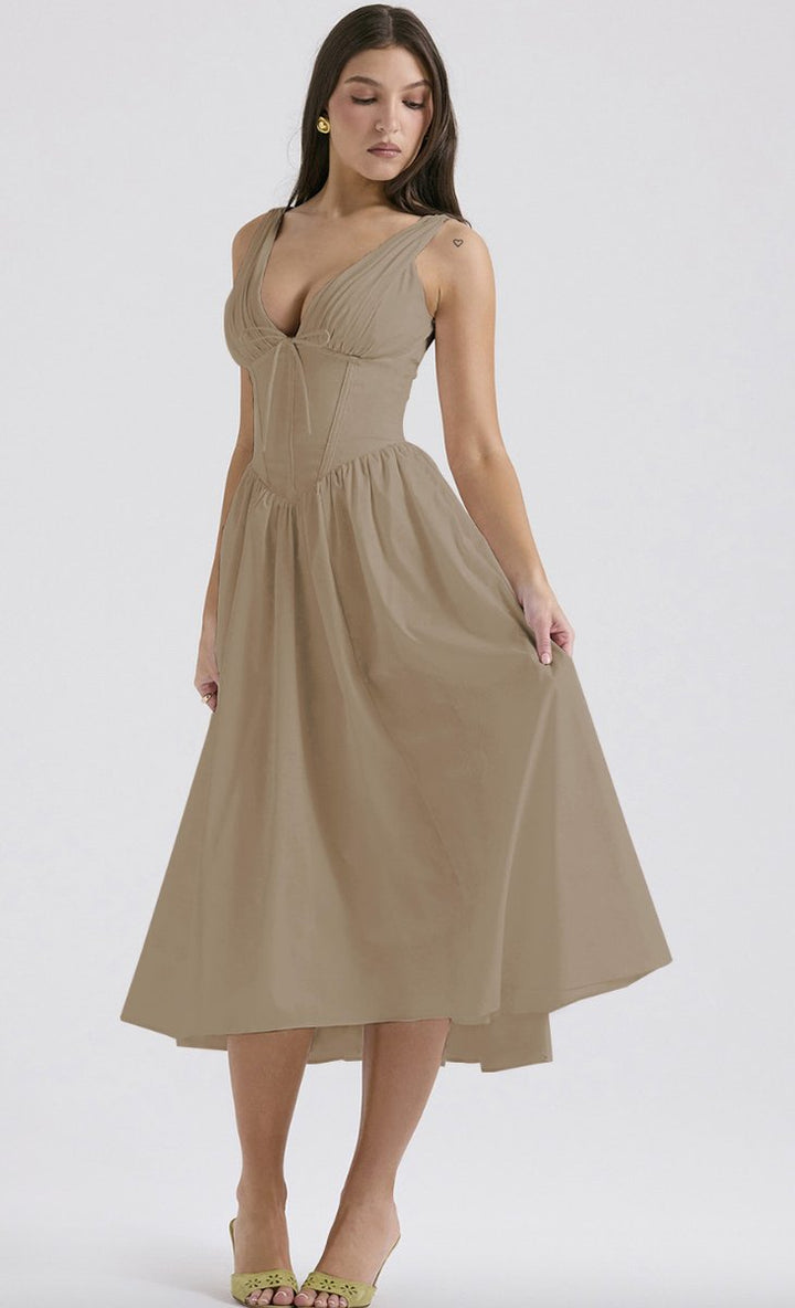 Women's Corset Midi Fall Wedding Guest Dress V-Neck Fit-and-Flare