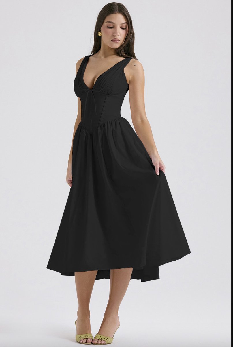 Women's Corset Midi Fall Wedding Guest Dress V-Neck Fit-and-Flare