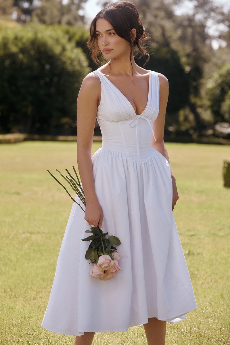 Women's Corset Midi Fall Wedding Guest Dress V-Neck Fit-and-Flare