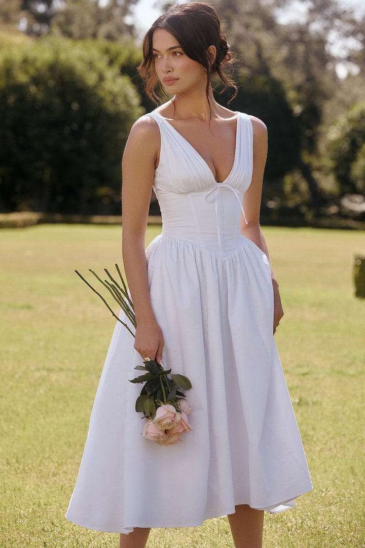 Women's Corset Midi Fall Wedding Guest Dress V-Neck Fit-and-Flare